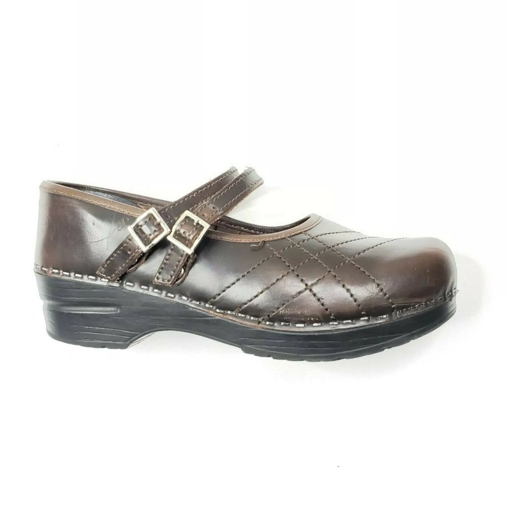 Sanita Womens Brown Leather Buckle Clogs Size 38